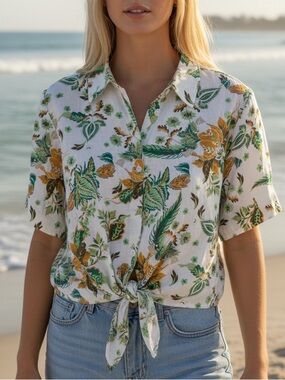 Philosophy XL Linen Garden Print Hawaiian Tie Front Button Shirt Teal Ivy Collar